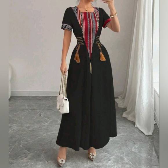 Vintage Pattern Patchwork, Arabic Style, Print, Tassel, Fitted A-Line Midi Dress - Picture 6 of 6